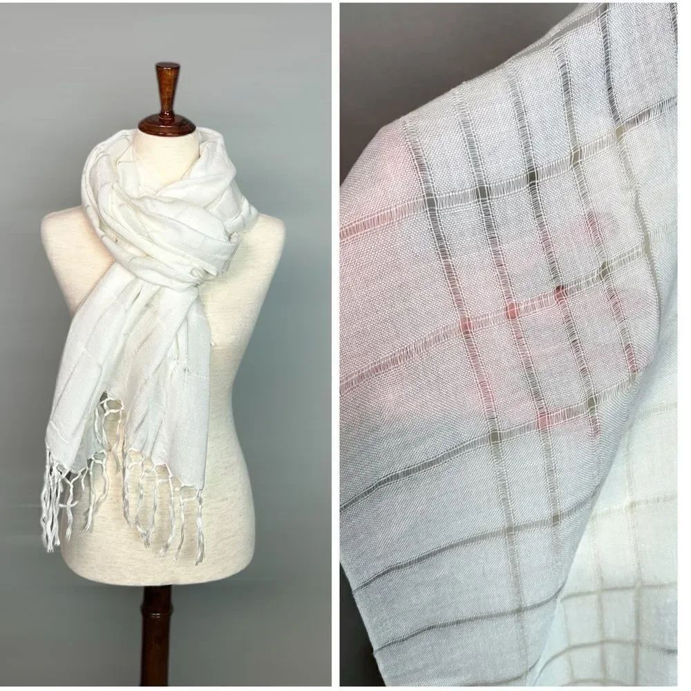 ECHO Large Oblong Scarf Shawl Ivory Acrylic Japan New Vintage 30x80"
